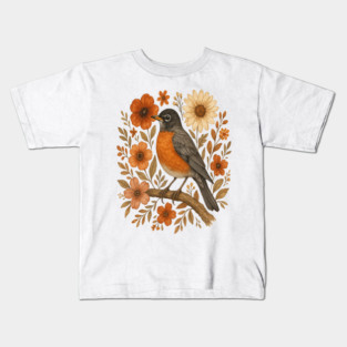 American Robin Bird with Orange and Cream Flowers Kids T-Shirt