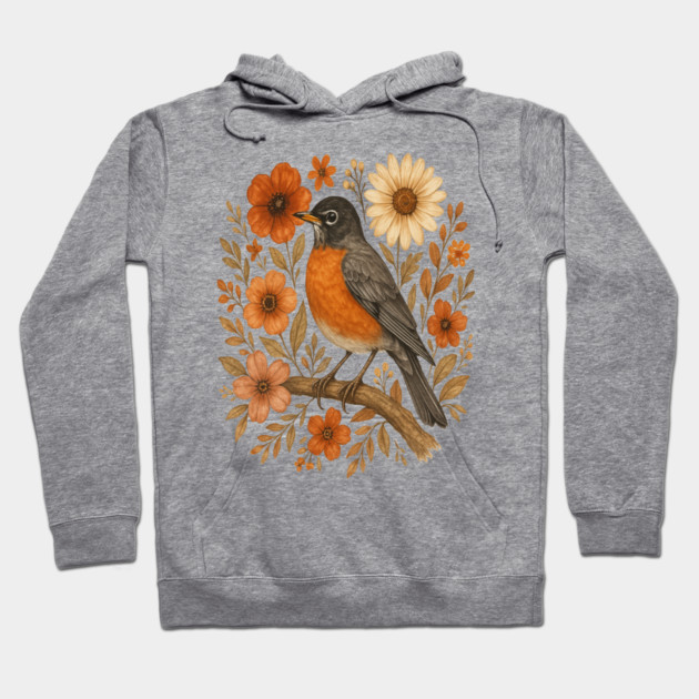 American Robin Bird with Orange and Cream Flowers Hoodie by BirdsnStuff