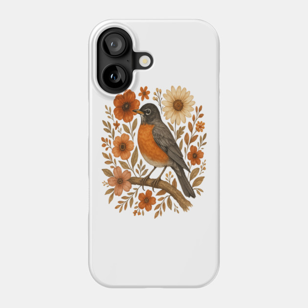 American Robin Bird with Orange and Cream Flowers Phone Case by BirdsnStuff