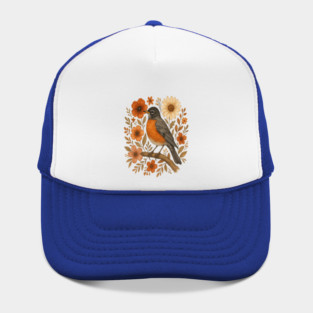 American Robin Bird with Orange and Cream Flowers Hat