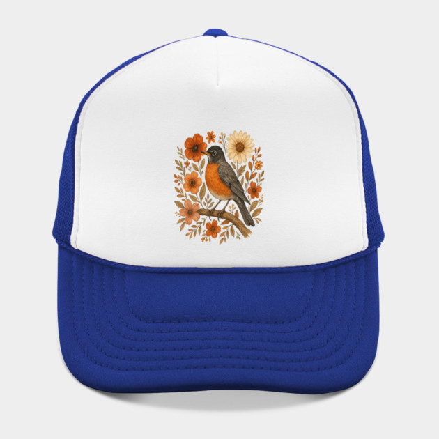 American Robin Bird with Orange and Cream Flowers by BirdsnStuff