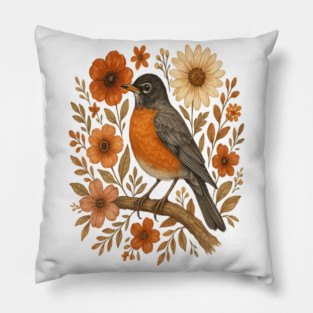 American Robin Bird with Orange and Cream Flowers Pillow