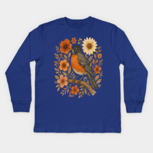 American Robin Bird with Orange and Cream Flowers Kids Long Sleeve T-Shirt