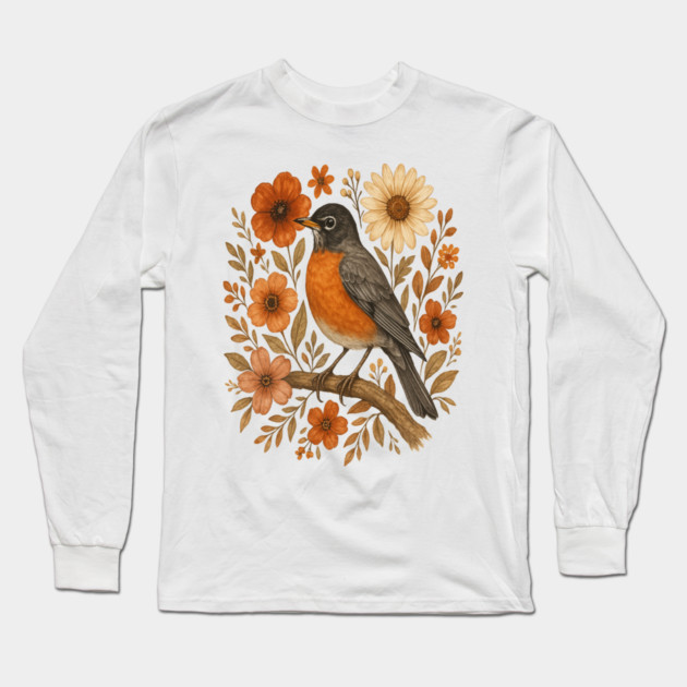 American Robin Bird with Orange and Cream Flowers Long Sleeve T-Shirt by BirdsnStuff