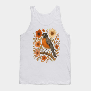 American Robin Bird with Orange and Cream Flowers Tank Top
