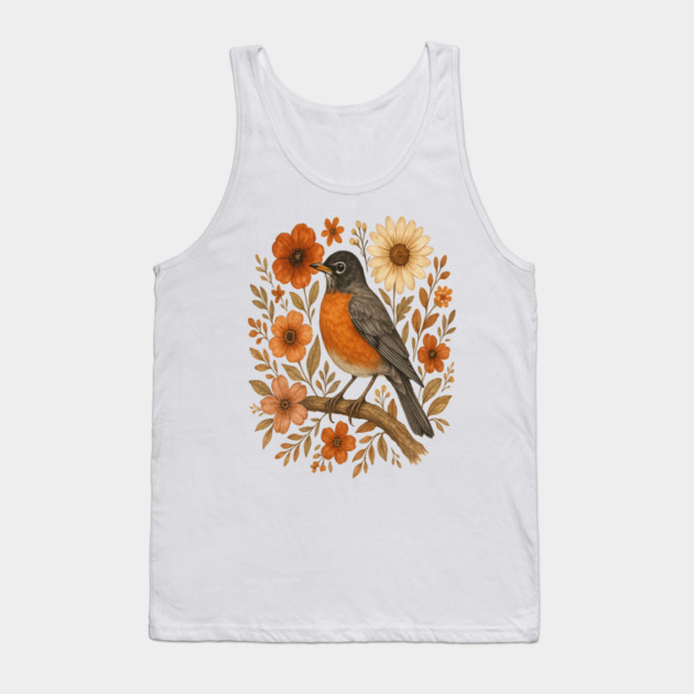 American Robin Bird with Orange and Cream Flowers Tank Top by BirdsnStuff