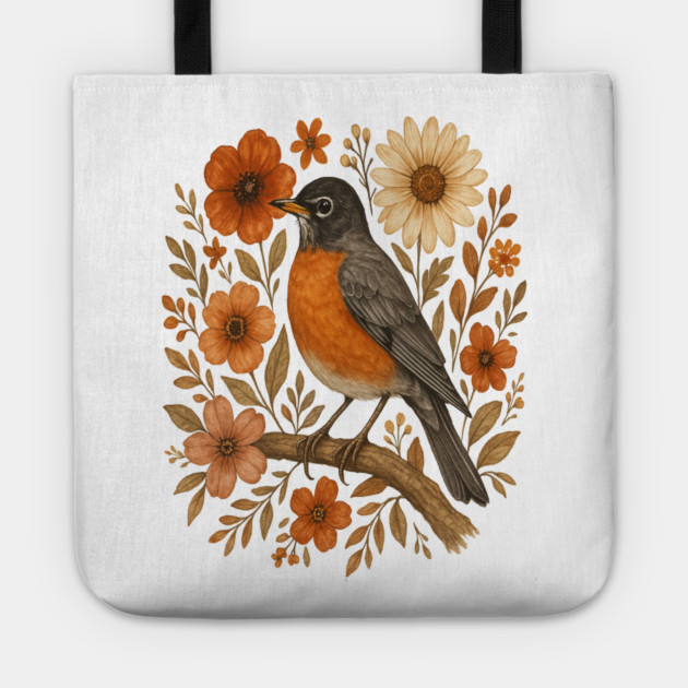 American Robin Bird with Orange and Cream Flowers Tote by BirdsnStuff