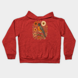 American Robin Bird with Orange and Cream Flowers Kids Hoodie