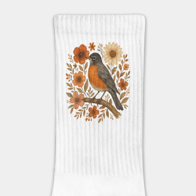 American Robin Bird with Orange and Cream Flowers by BirdsnStuff