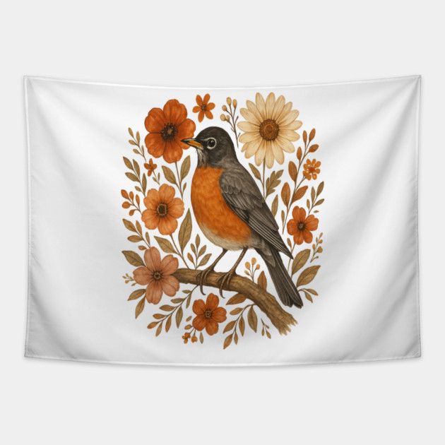 American Robin Bird with Orange and Cream Flowers Tapestry by BirdsnStuff