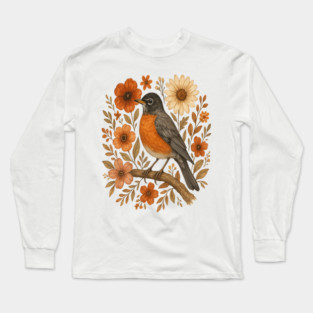 American Robin Bird with Orange and Cream Flowers Long Sleeve T-Shirt