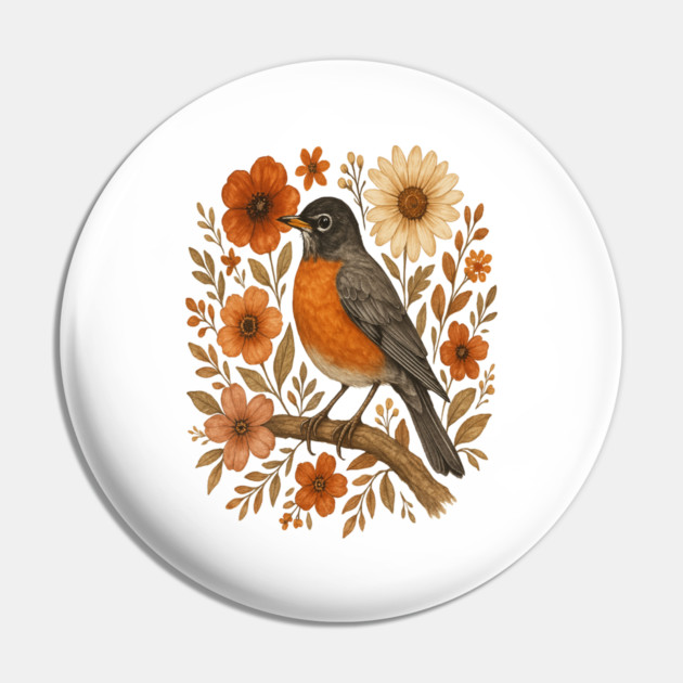American Robin Bird with Orange and Cream Flowers Pin by BirdsnStuff