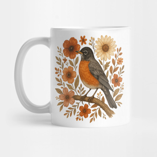 American Robin Bird with Orange and Cream Flowers by BirdsnStuff