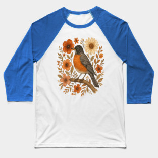 American Robin Bird with Orange and Cream Flowers Baseball T-Shirt