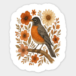 American Robin Bird with Orange and Cream Flowers Sticker