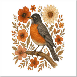 American Robin Bird with Orange and Cream Flowers Posters and Art