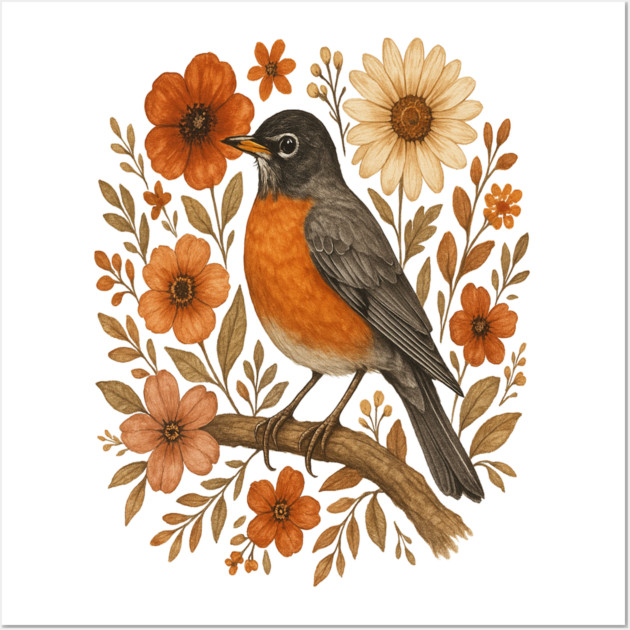 American Robin Bird with Orange and Cream Flowers Wall Art by BirdsnStuff