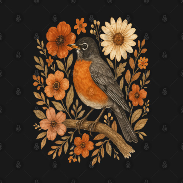 American Robin Bird with Orange and Cream Flowers by BirdsnStuff