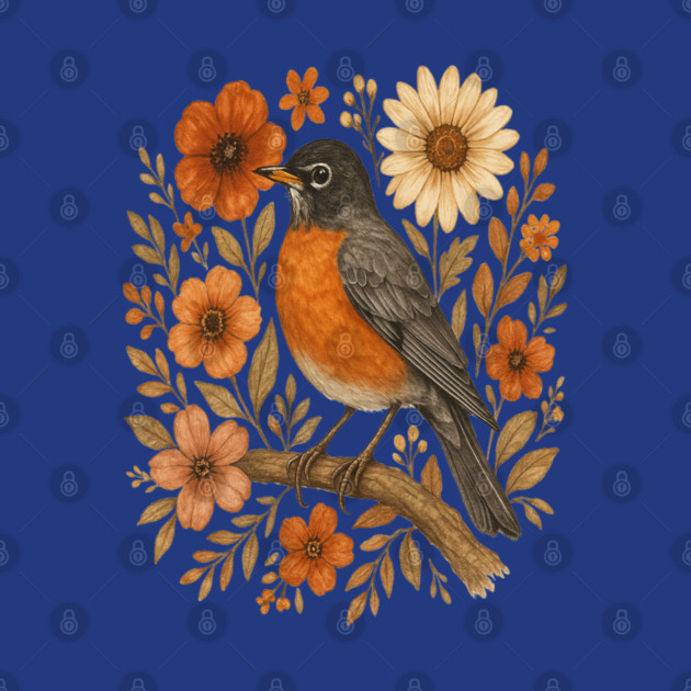 American Robin Bird with Orange and Cream Flowers by BirdsnStuff