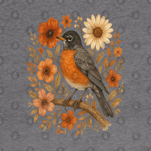 American Robin Bird with Orange and Cream Flowers by BirdsnStuff