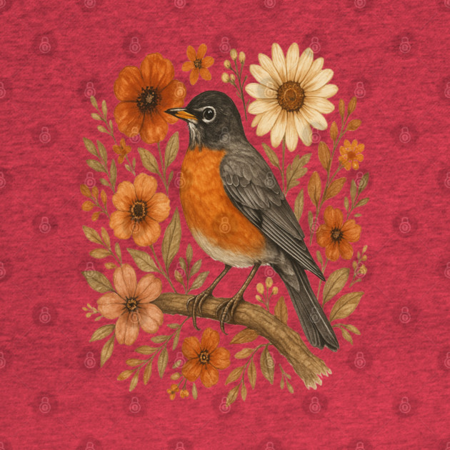 American Robin Bird with Orange and Cream Flowers by BirdsnStuff