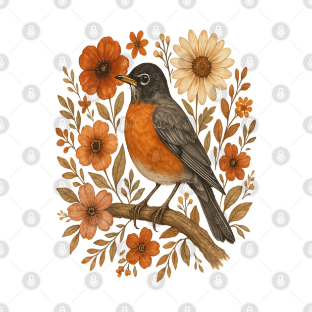 American Robin Bird with Orange and Cream Flowers by BirdsnStuff