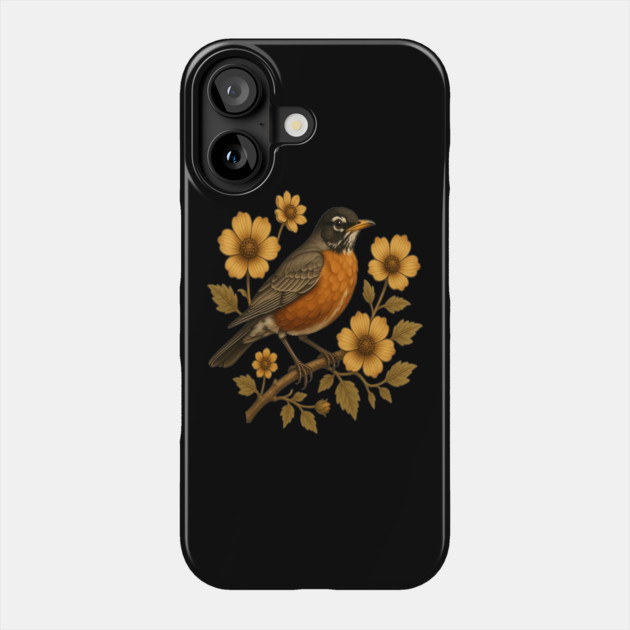 American Robin with Yellow Flowers Nature Design Phone Case by BirdsnStuff