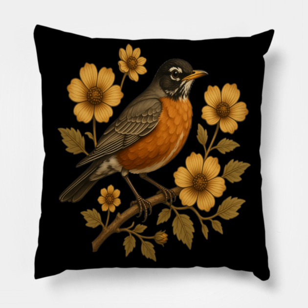 American Robin with Yellow Flowers Nature Design Pillow by BirdsnStuff