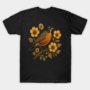 American Robin with Yellow Flowers Nature Design T-Shirt
