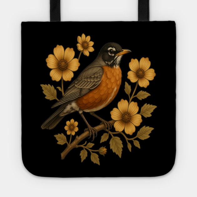 American Robin with Yellow Flowers Nature Design Tote by BirdsnStuff
