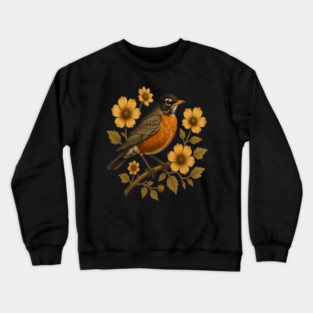American Robin with Yellow Flowers Nature Design Crewneck Sweatshirt