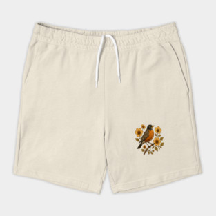 American Robin with Yellow Flowers Nature Design Shorts