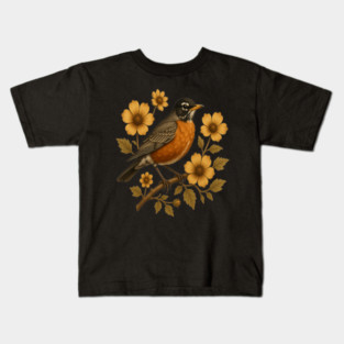 American Robin with Yellow Flowers Nature Design Kids T-Shirt