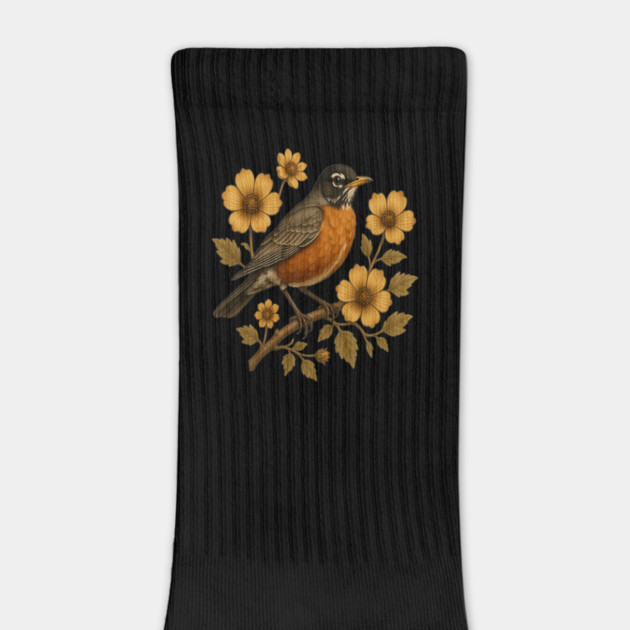 American Robin with Yellow Flowers Nature Design by BirdsnStuff