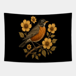 American Robin with Yellow Flowers Nature Design Tapestry
