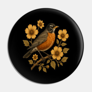 American Robin with Yellow Flowers Nature Design Pin