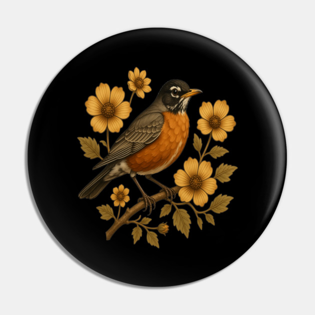 American Robin with Yellow Flowers Nature Design Pin by BirdsnStuff
