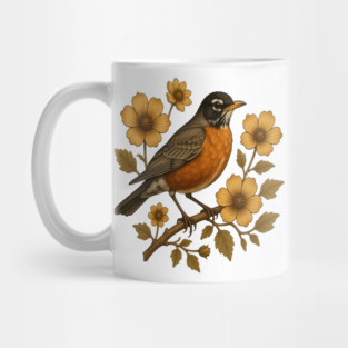 American Robin with Yellow Flowers Nature Design Mug