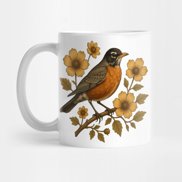 American Robin with Yellow Flowers Nature Design by BirdsnStuff