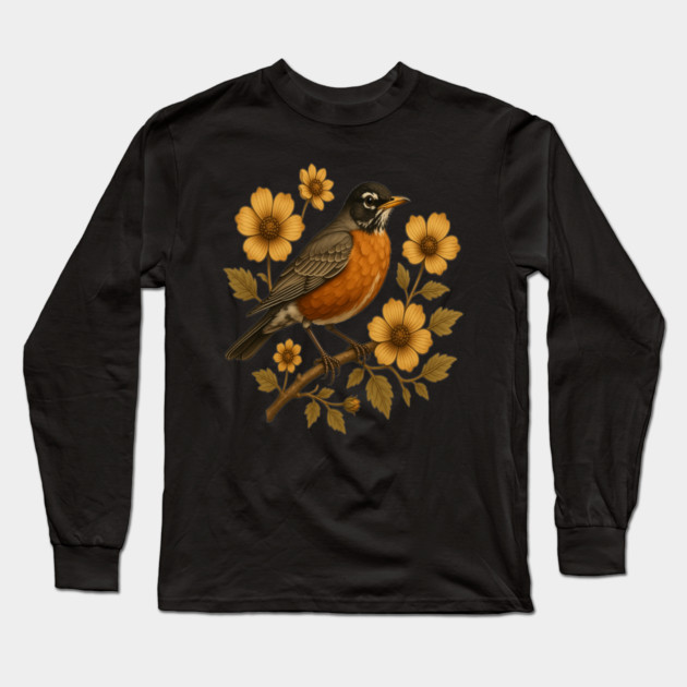 American Robin with Yellow Flowers Nature Design Long Sleeve T-Shirt by BirdsnStuff