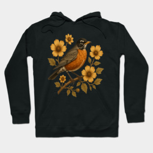 American Robin with Yellow Flowers Nature Design Hoodie