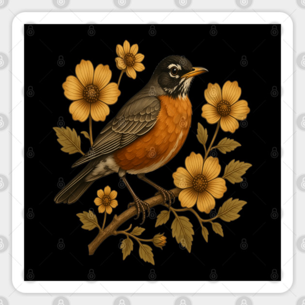 American Robin with Yellow Flowers Nature Design Sticker by BirdsnStuff