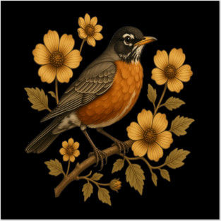 American Robin with Yellow Flowers Nature Design Posters and Art