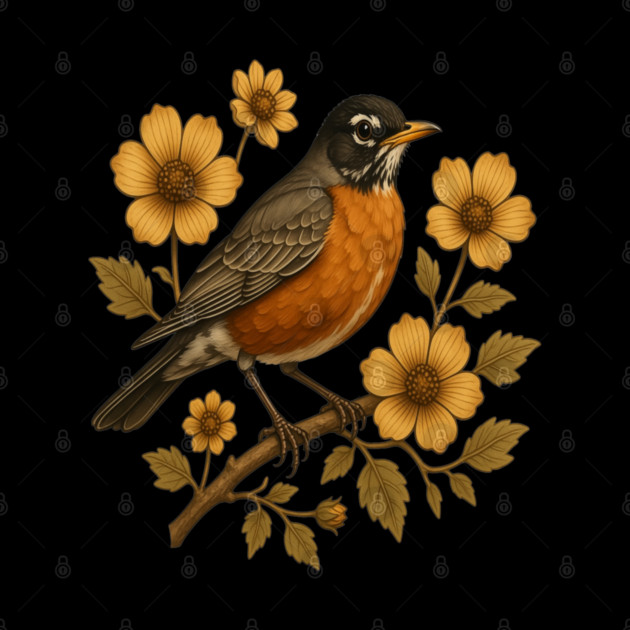 American Robin with Yellow Flowers Nature Design by BirdsnStuff