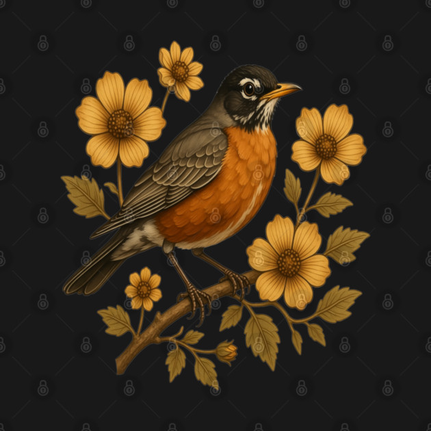 American Robin with Yellow Flowers Nature Design by BirdsnStuff
