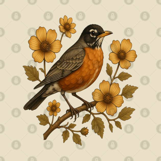 American Robin with Yellow Flowers Nature Design by BirdsnStuff