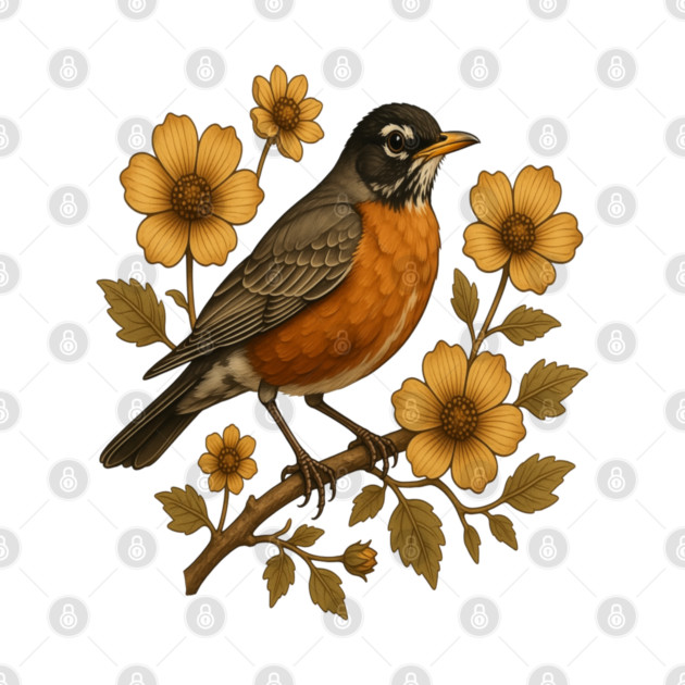 American Robin with Yellow Flowers Nature Design by BirdsnStuff
