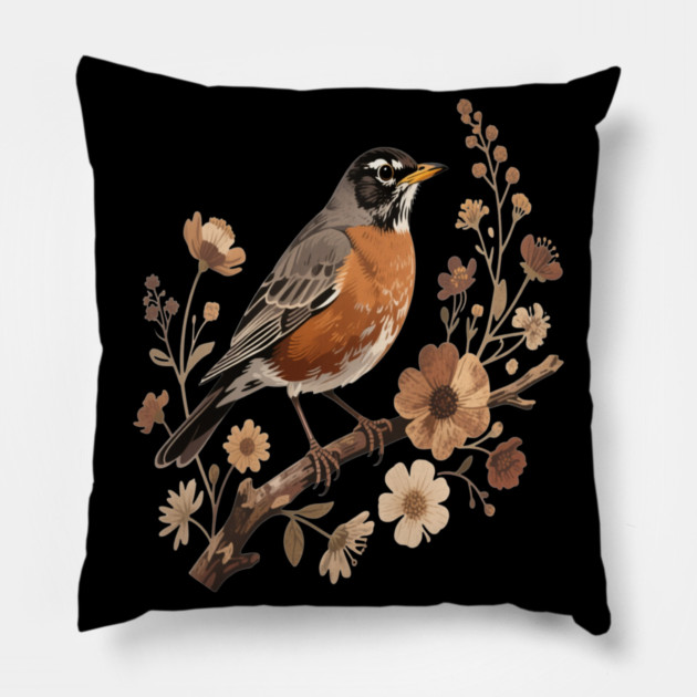American Robin with Beige Flowers Bird Nature Design Pillow by BirdsnStuff