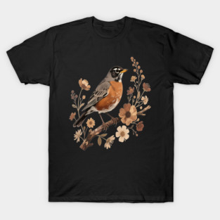 American Robin with Beige Flowers Bird Nature Design T-Shirt