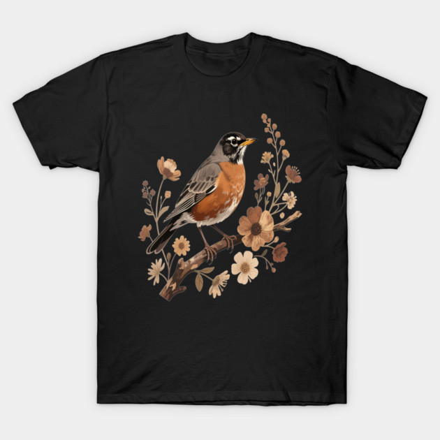 American Robin with Beige Flowers Bird Nature Design T-Shirt by BirdsnStuff